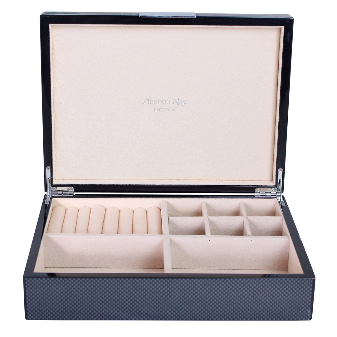 Addison Ross Ltd CARBON FIBRE JEWELRY BOX: Silver Trim Boxes